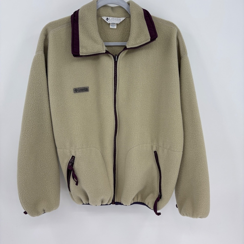 Columbia Fleece Jacket Unisex Large Tan Purple Vintage Made in USA Full Zip